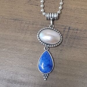 Vintage Carolyn Pollack Sterling Silver MOP Lapis Pendant Bead Necklace Large